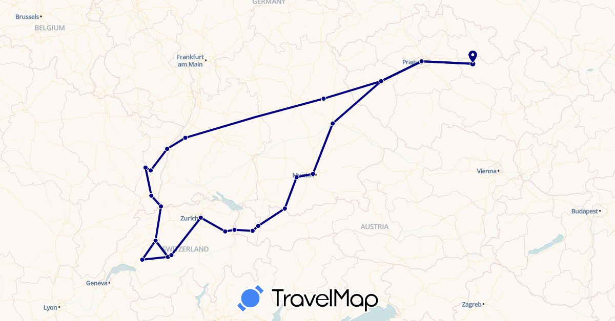 TravelMap itinerary: driving in Austria, Switzerland, Czech Republic, Germany, France, Liechtenstein (Europe)
